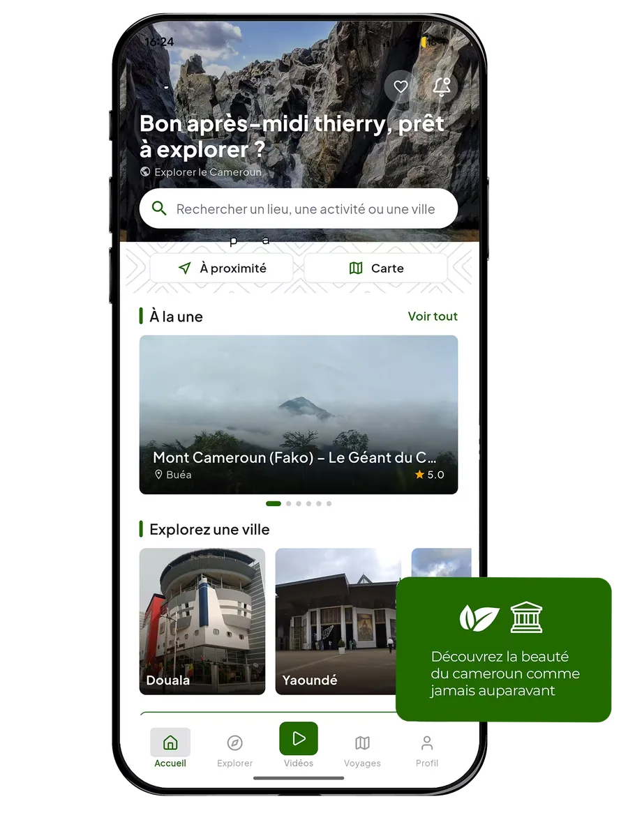 Écran d'accueil de l'application CamWonders : recherche de lieux, « À la une » et villes à explorer.
